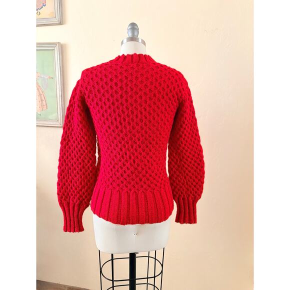 Vintage Red Waffle Knit Sweater Crochet Lace Textured Puff Sleeve Top - Picture 7 of 8